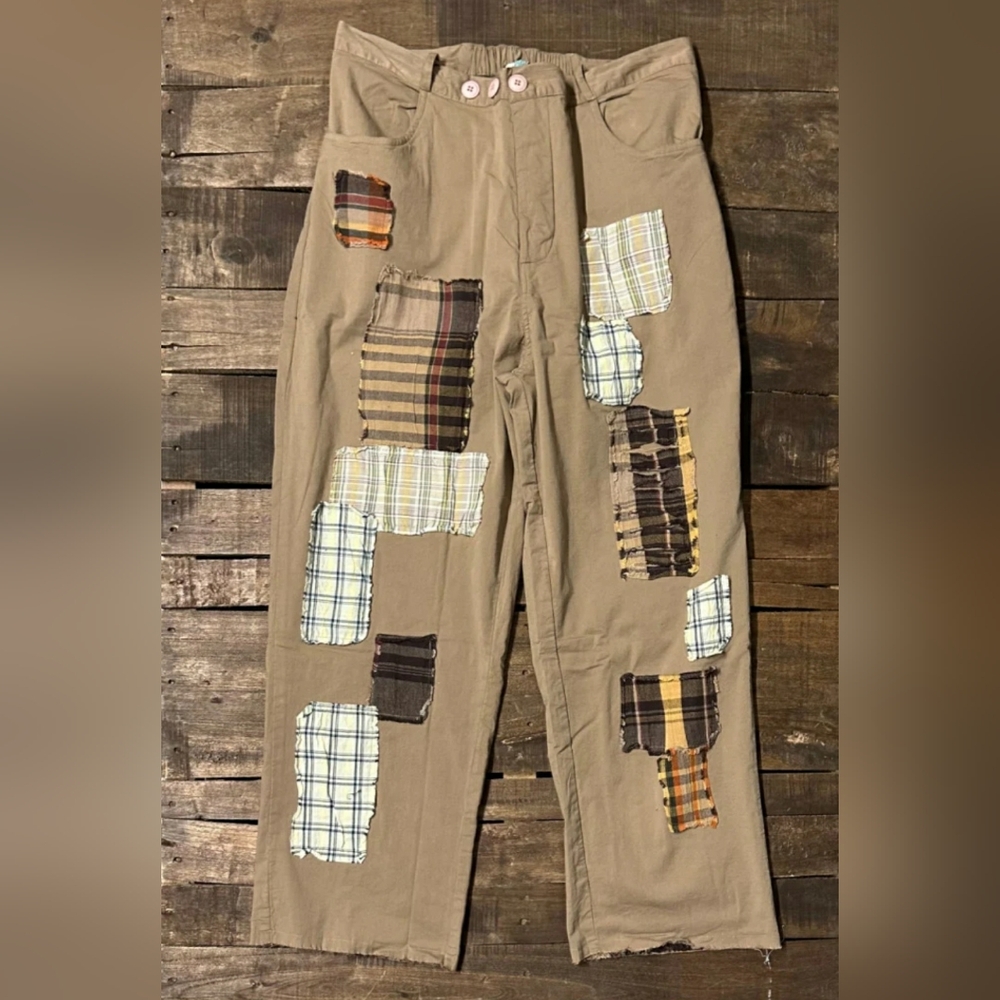 Cottagecore Traveling On Pants Khaki with Plaid Patches